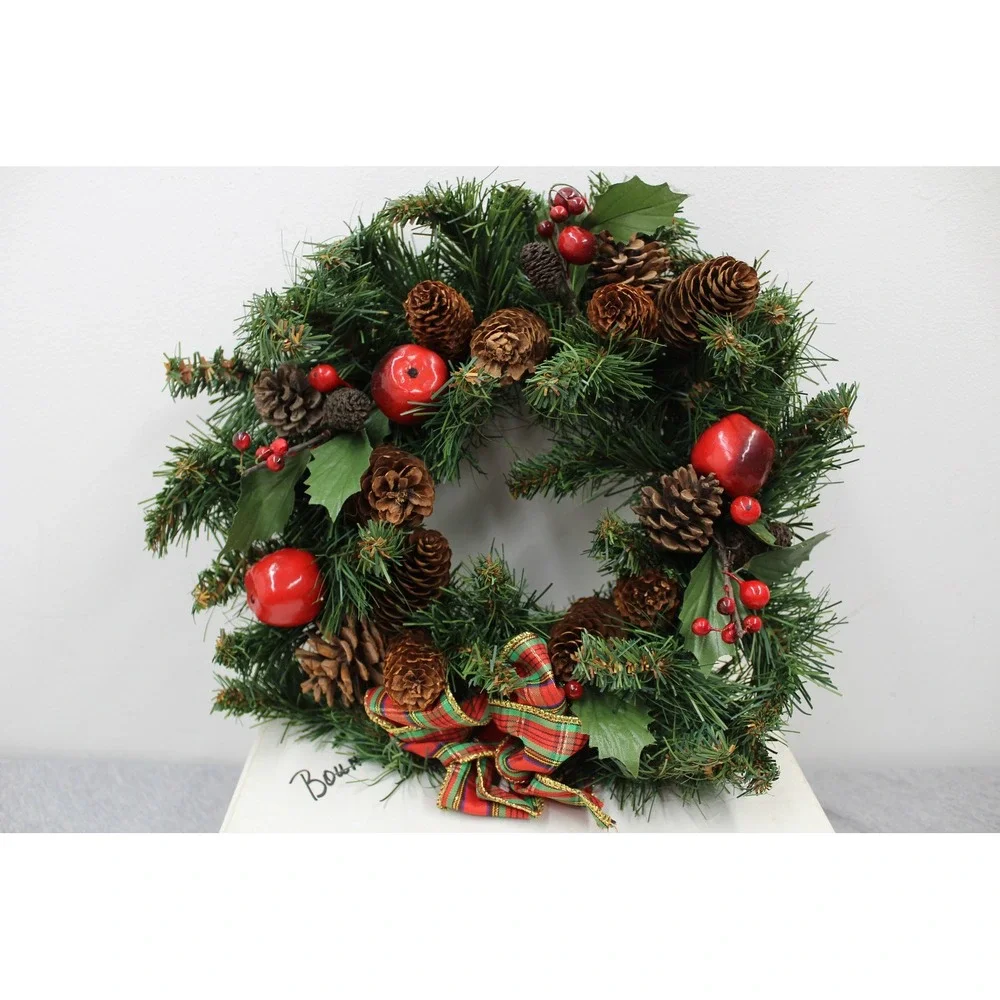 PartyLite Wreath 6in Green Bountiful Evergreen Ring P0036 Pinecones Apples Bow